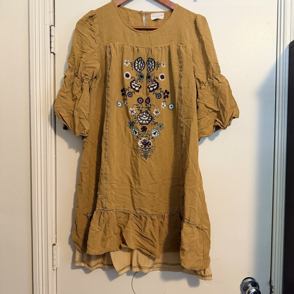Bella Ella Boho Midi Dress SZ L Mustard Flowy Gauzy Romantic Lined Embroidered